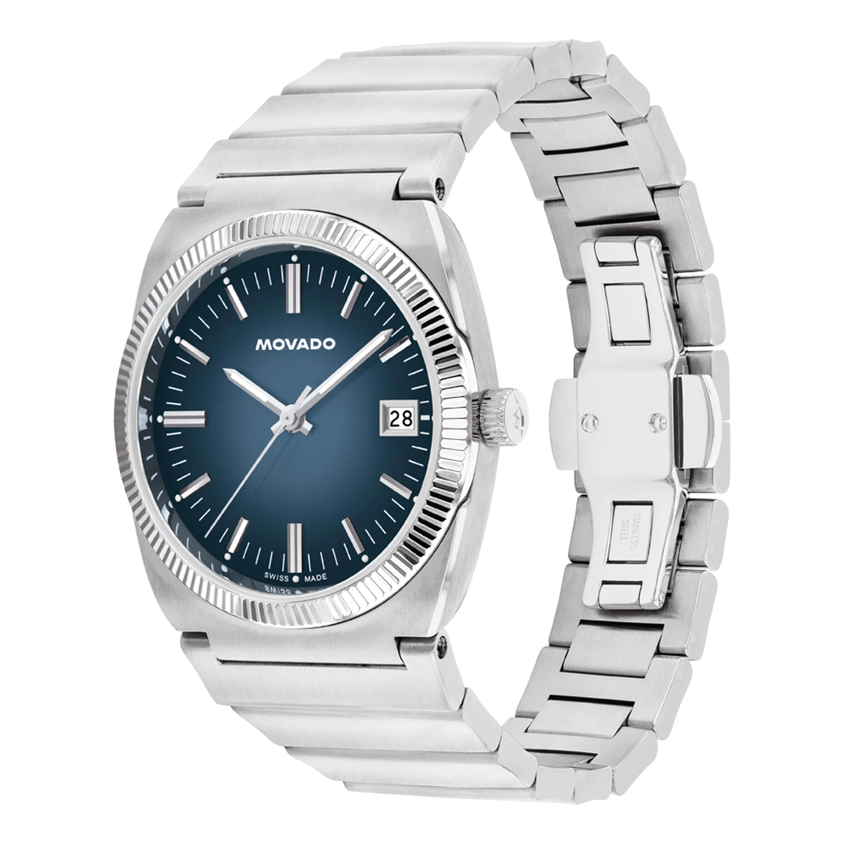 Movado Heritage Ondoplan watch angle view showing steel case and link bracelet
