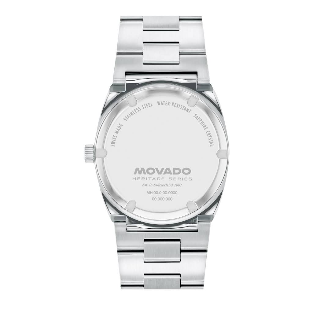 Movado Heritage Series watch caseback showing engraved text and model number
