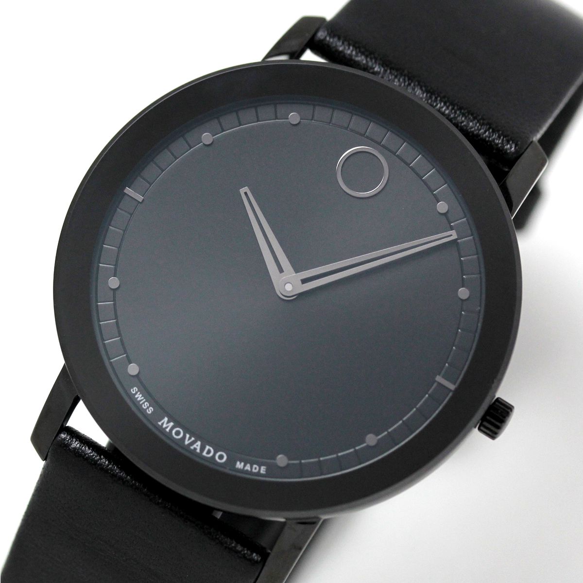 Close-up of Movado Sapphire dial with minimalist design and hour hand
