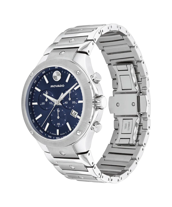 Movado SE Chronograph profile view showing stainless steel case and bracelet