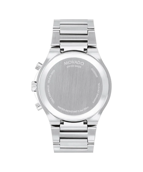 Movado SE Chronograph caseback with stainless steel and engraved text
