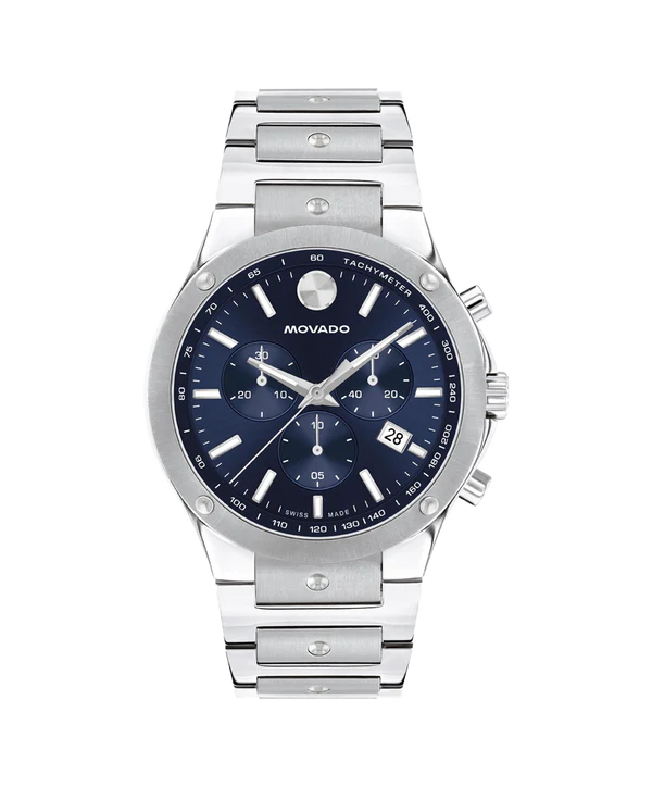 Movado SE Chronograph men's watch with blue dial and stainless steel bracelet