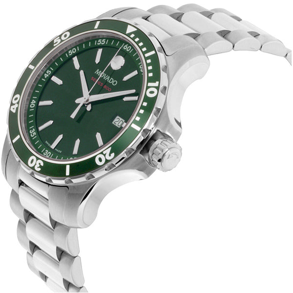 Movado Series 800 watch three-quarter view with green dial and bracelet