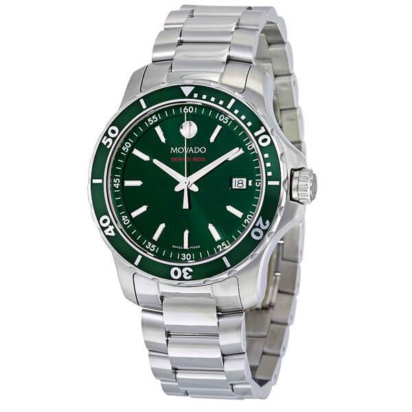 Movado Series 800 watch with green dial and stainless steel bracelet angled view
