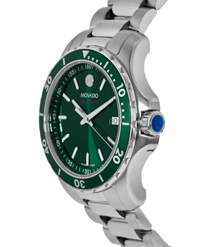 Movado Series 800 green dial watch on wrist showing crown detail