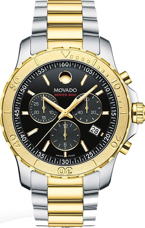 Movado Series 800 chronograph watch with black dial and two-tone stainless steel and gold bracelet