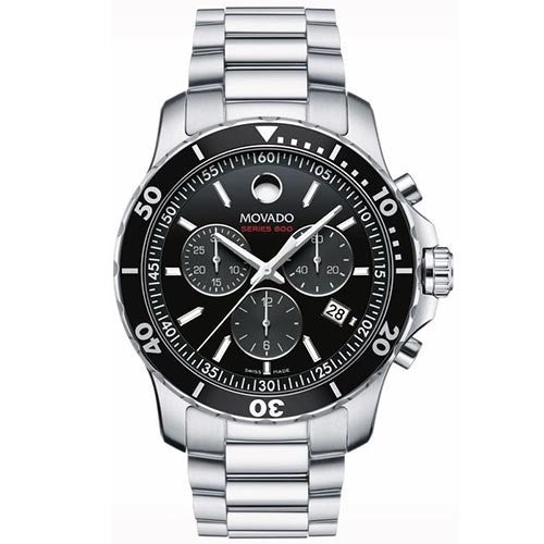 Movado Series 800 men's chronograph watch with black dial and stainless steel case and bracelet