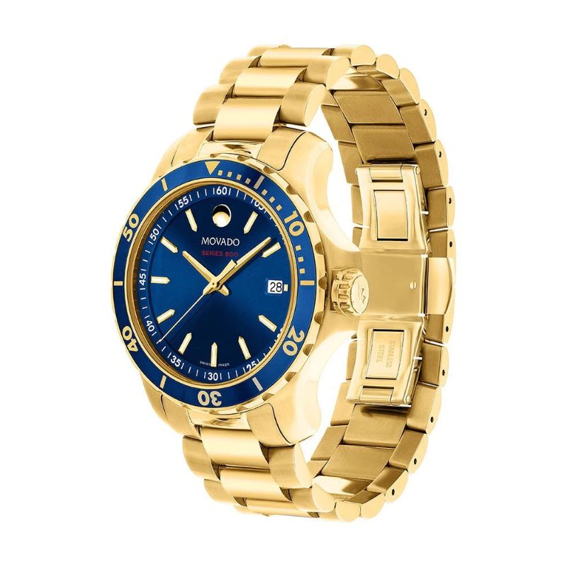 Movado Series 800 watch angled view showing blue bezel and gold bracelet