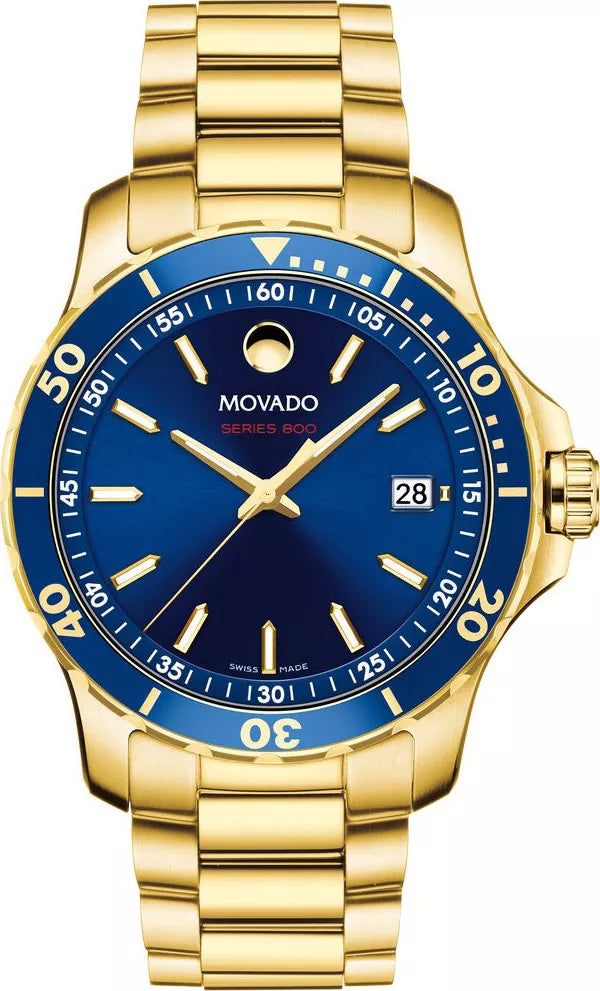 Movado Series 800 gold-tone watch with blue dial and date window