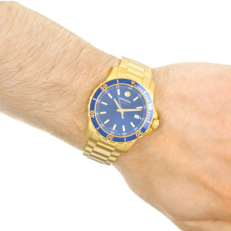 Movado Series 800 gold watch on wrist with blue dial and bezel