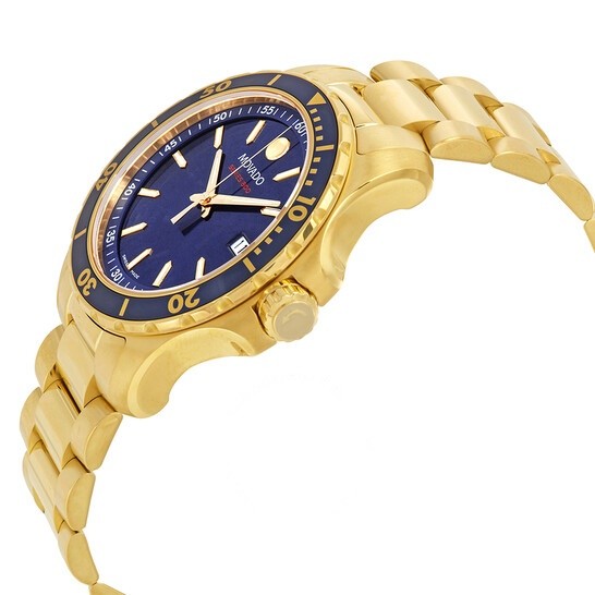 Movado Series 800 watch side profile with gold-tone steel bracelet