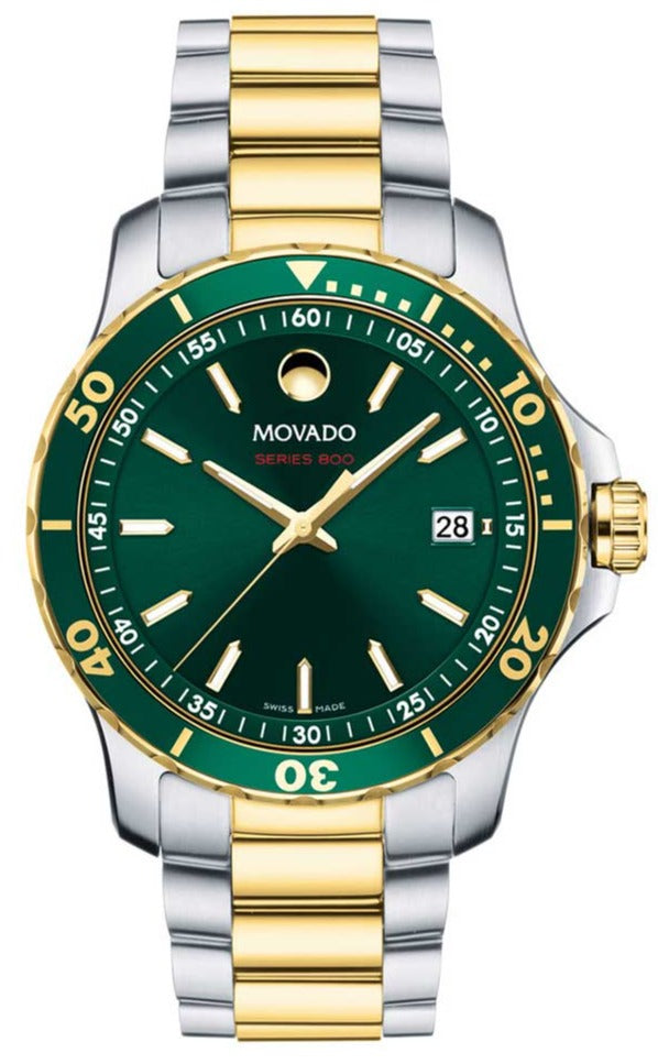 Movado Series 800 watch with green dial and two-tone gold and steel bracelet