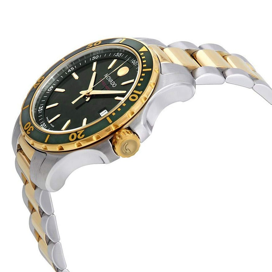 Side view of Movado Series 800 watch with green bezel on wrist strap