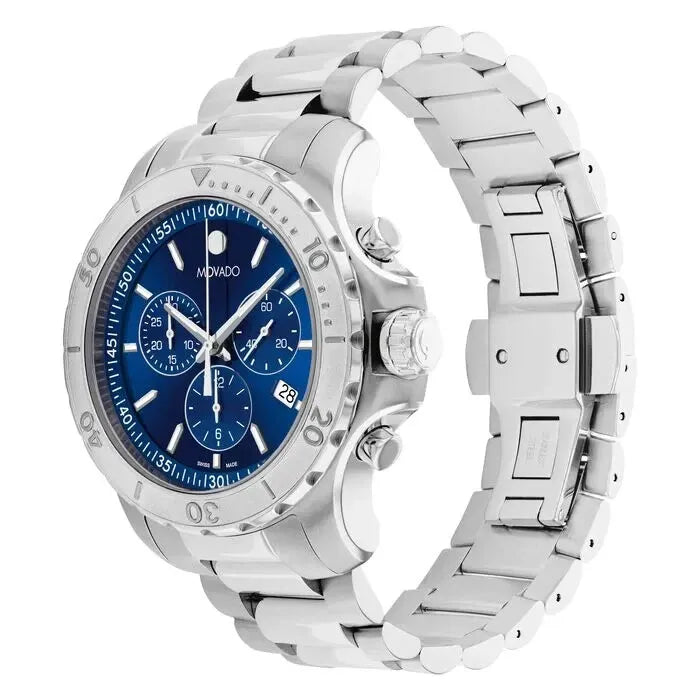Movado Series 800 blue dial chronograph with silver steel bracelet, angled side view