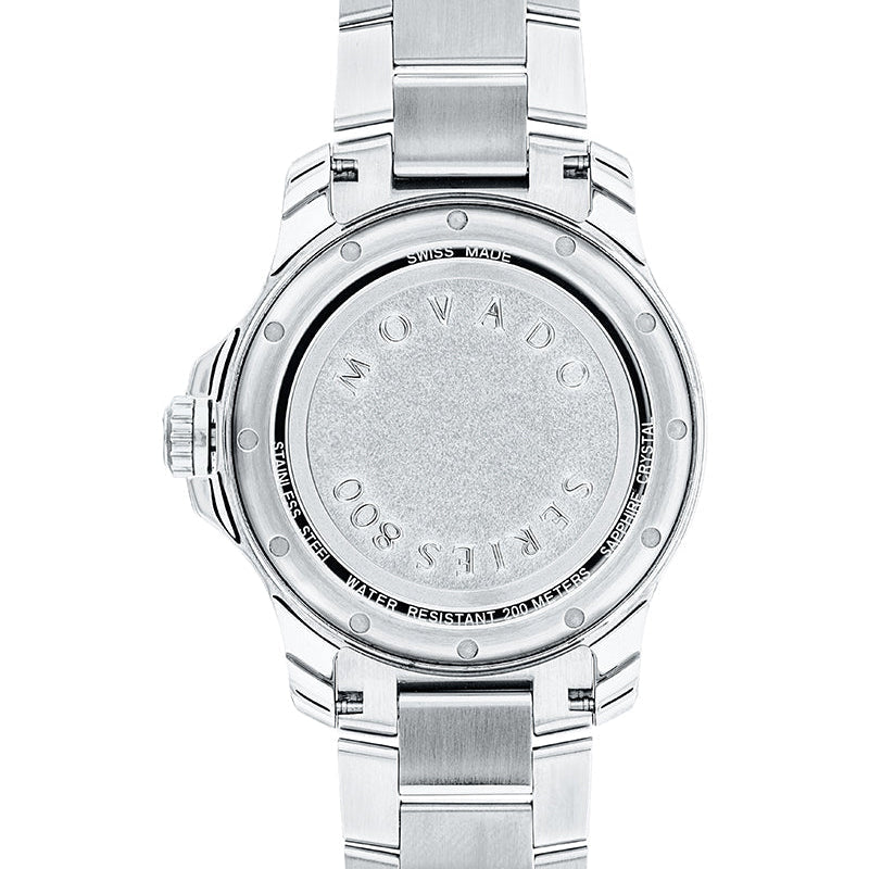 Movado Series 800 stainless steel case back with engraved logo and model details