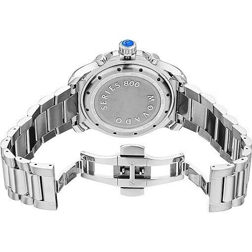 Movado Series 800 watch showing case, bezel, crown and steel bracelet construction