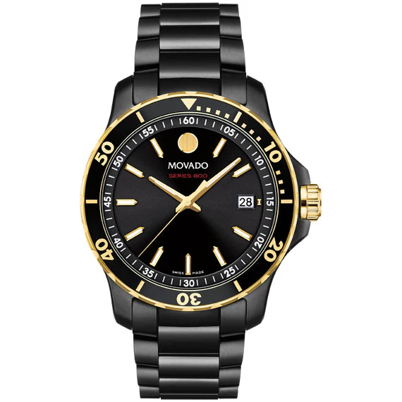 Movado Series 800 men's watch with black dial, gold bezel, and black steel bracelet