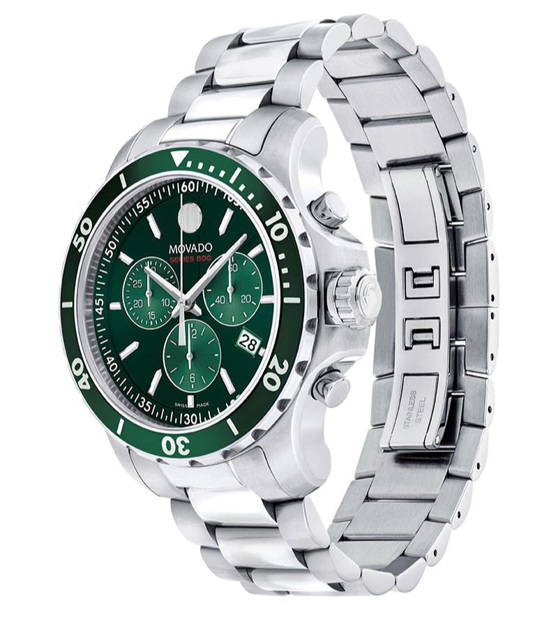 Movado Series 800 2600179 chronograph watch side profile showing green bezel and bracelet