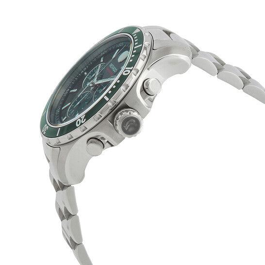 Side view of Movado Series 800 chronograph watch with stainless steel case and bracelet