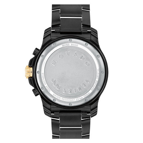 Movado Series 800 caseback showing Swiss-made engraving and water resistance marking