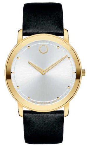 Movado TC men's watch with silver dial, gold-tone case, and black leather strap