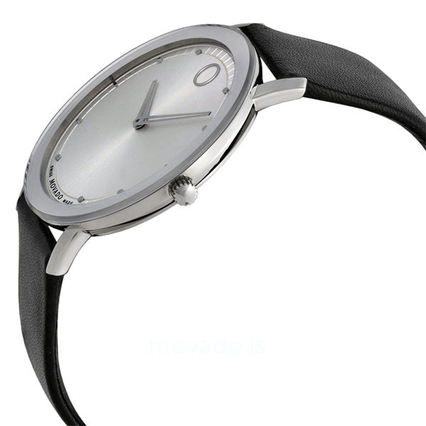 Movado TC Mirror Bezel watch at angle showing minimalist dial and stainless steel case