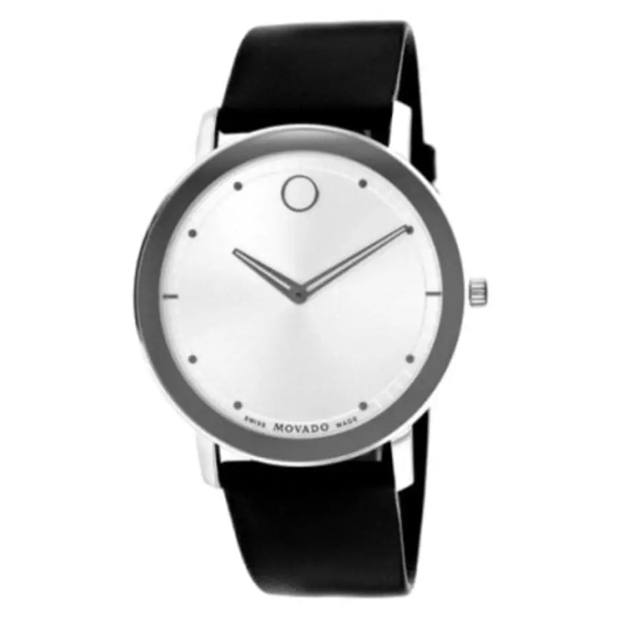 Movado TC Mirror Bezel stainless steel men's watch with white dial and black leather strap