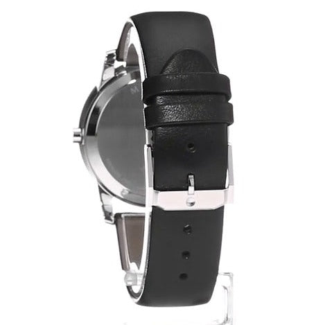 Side view of Movado TC Mirror Bezel watch showing case profile and black leather strap