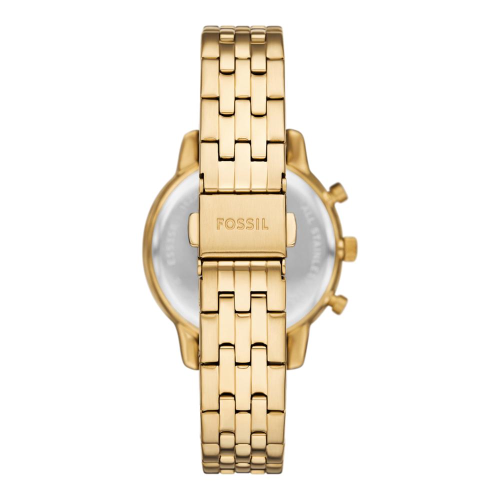 Caseback of Neutra watch displaying Fossil branding on gold-tone stainless steel