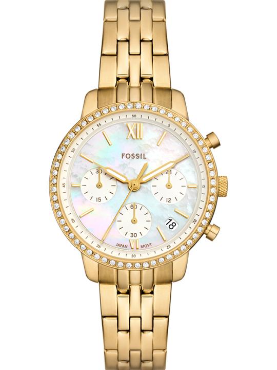 Fossil Neutra chronograph watch with gold-tone case, crystal bezel, and mother-of-pearl dial