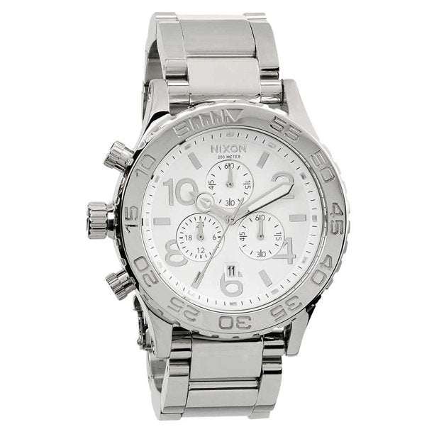Nixon 42-20 Chrono white silver chronograph watch with stainless steel bracelet