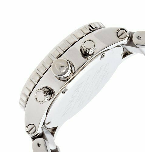 Side profile showing stainless steel bracelet and polished case with chronograph pushers