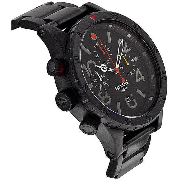 Nixon 48-20 Chrono three-quarter view with black dial and chronograph subdials