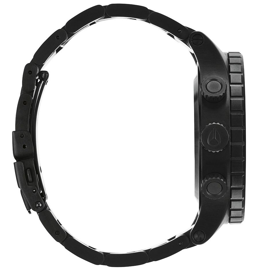 Nixon 48-20 Chrono side profile showing black ion-plated case and bracelet