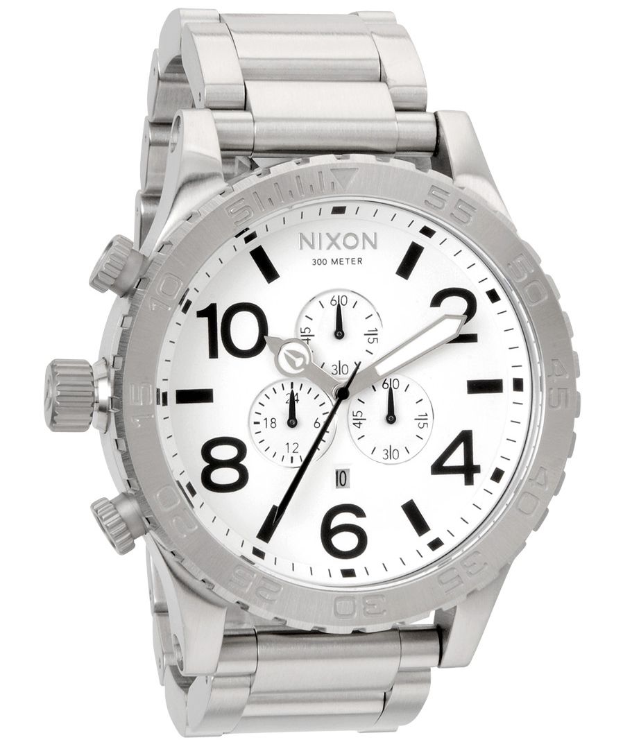 Nixon 51-30 chronograph watch with white dial and stainless steel bracelet, showing subdials