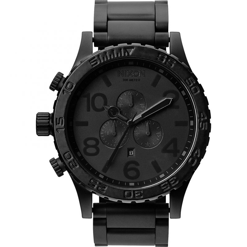 Nixon 51-30 chronograph with gunmetal dial and metal bracelet, overhead view