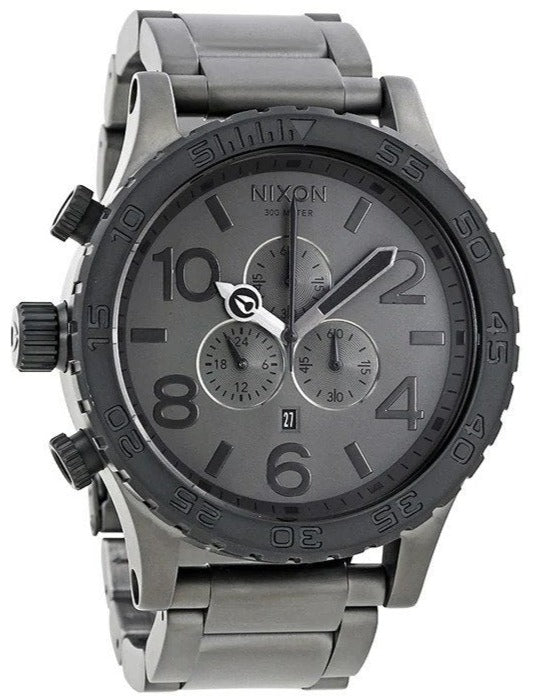 Nixon 51-30 chronograph watch with gunmetal dial and three subdials on metal band