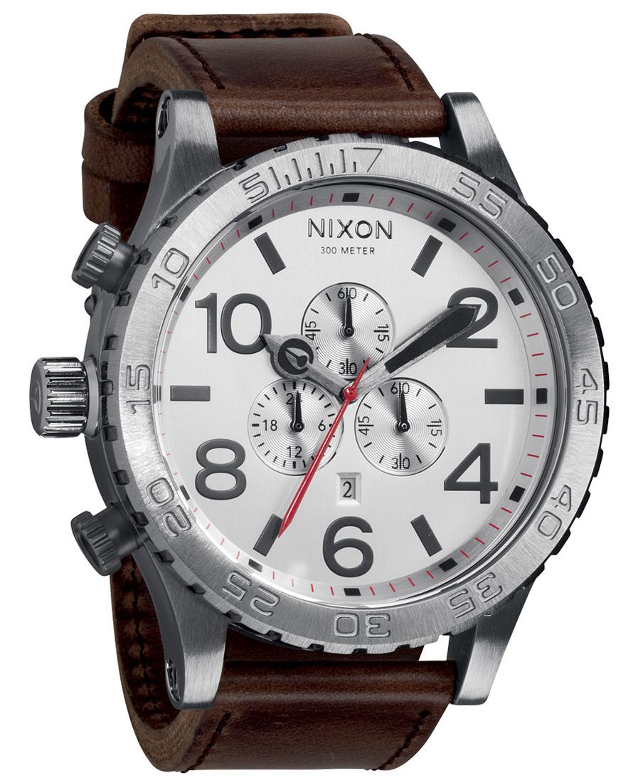 Nixon 51-30 chronograph watch with silver dial and brown leather strap, front view