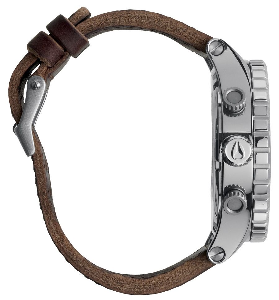 Nixon 51-30 chronograph watch side view showing brown leather strap and stainless steel case