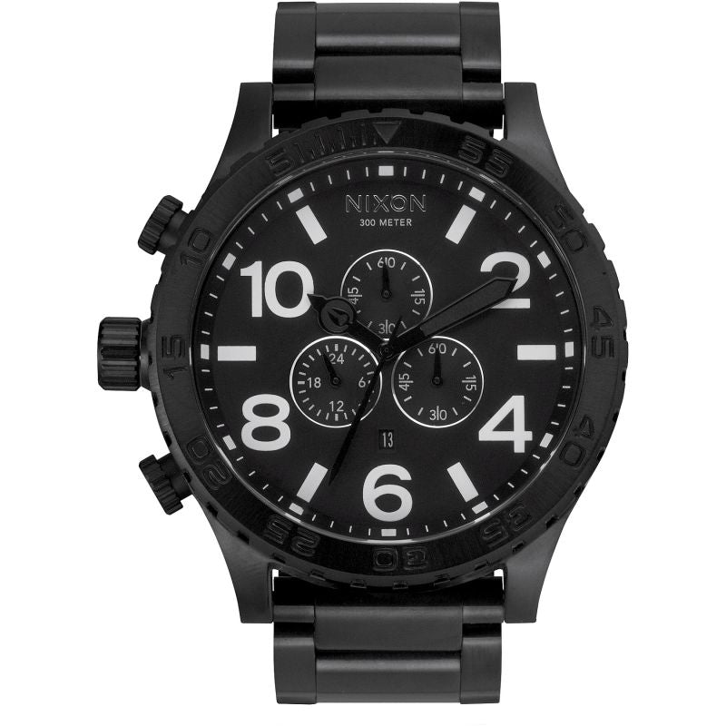 Nixon 51-30 Chrono all-black chronograph watch with large numerals and three sub-dials