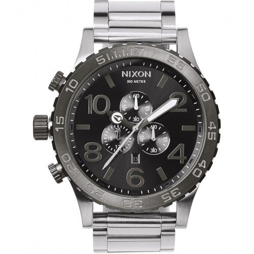 Top view of Nixon 51-30 Chrono watch displaying chronograph subdials and applied hour markers