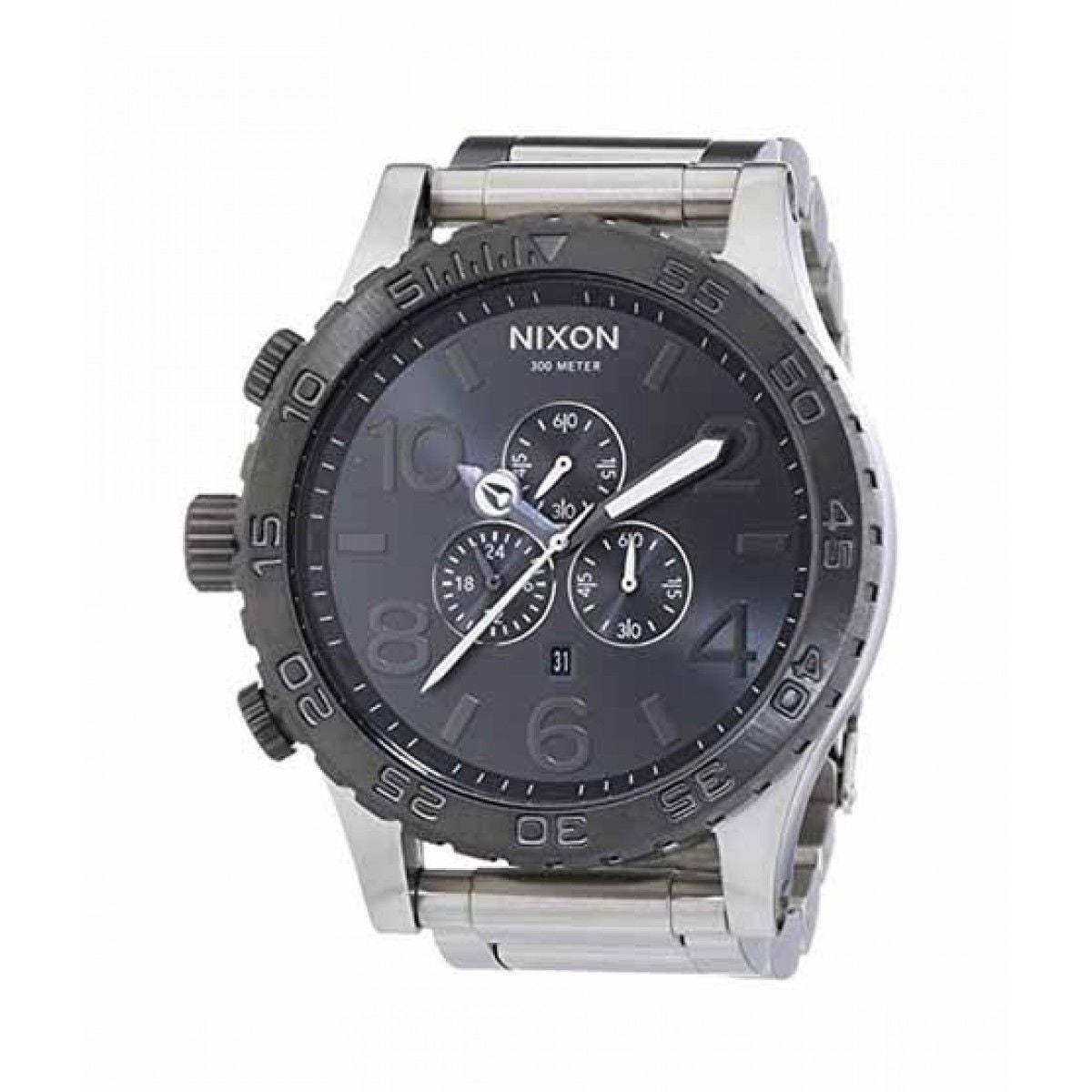 Nixon 51-30 Chrono watch angled view showing gunmetal bezel and silver bracelet