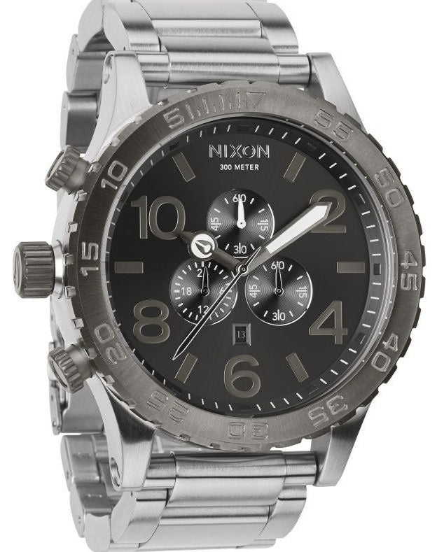 Nixon 51-30 Chrono silver gunmetal men's chronograph watch with black dial and subdials
