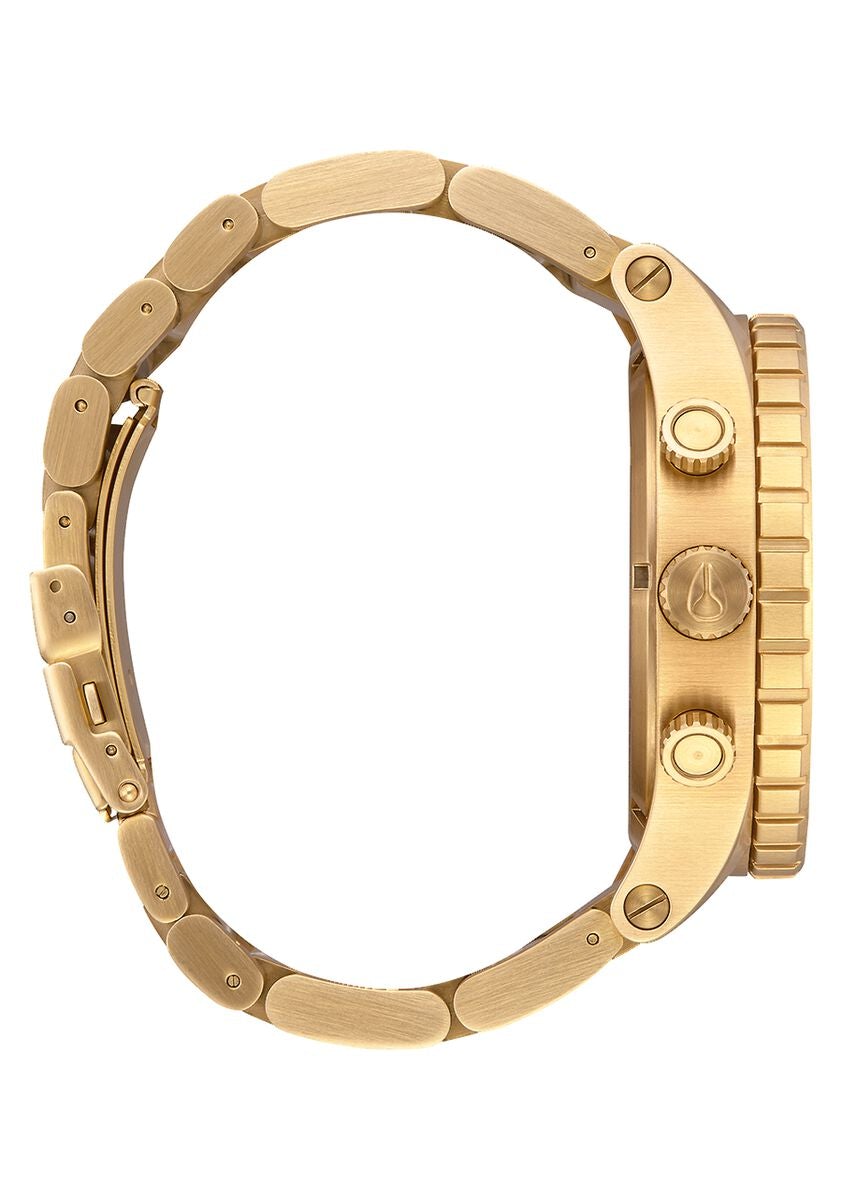 Side view of Nixon 51-30 Chrono showing gold stainless steel case and bracelet