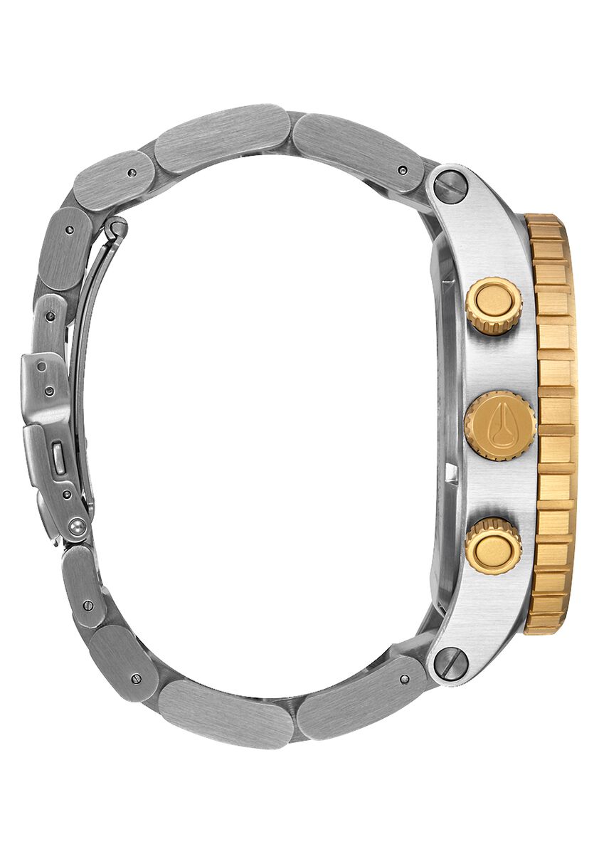 Side view of Nixon 51-30 Chrono showing stainless steel band and gold chronograph pushers