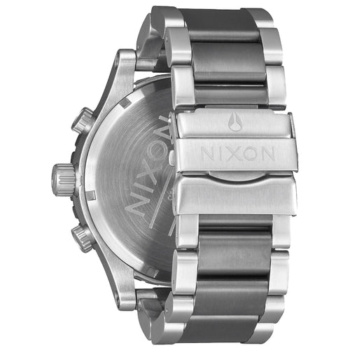 Nixon 51-30 Chronograph side view showing silver and black stainless steel bracelet and bezel