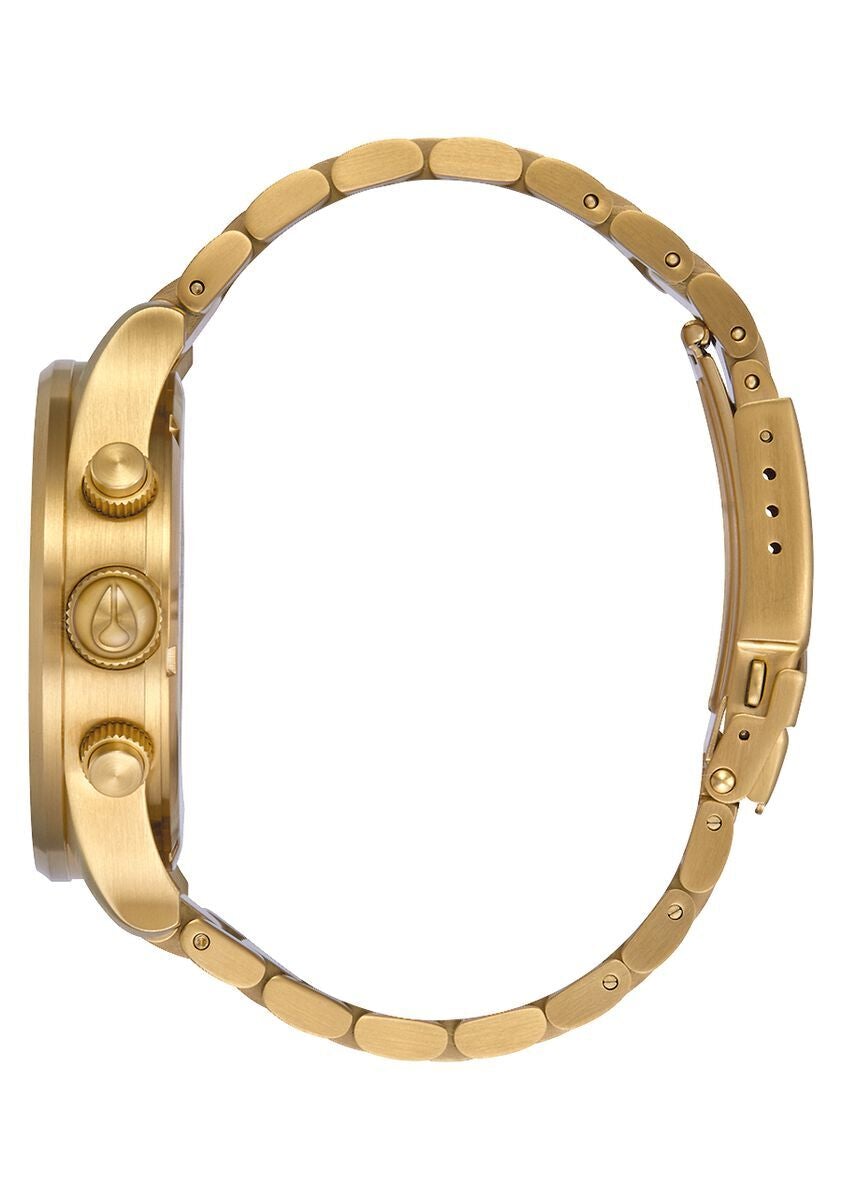 Nixon Sentry Chrono gold watch side profile showing chronograph pushers and link bracelet
