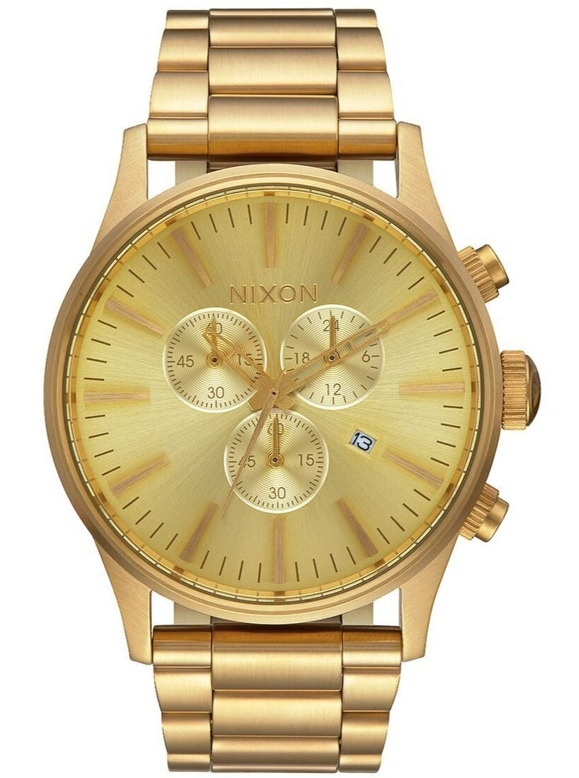 Nixon Sentry Chrono gold chronograph watch with champagne dial and three subdials