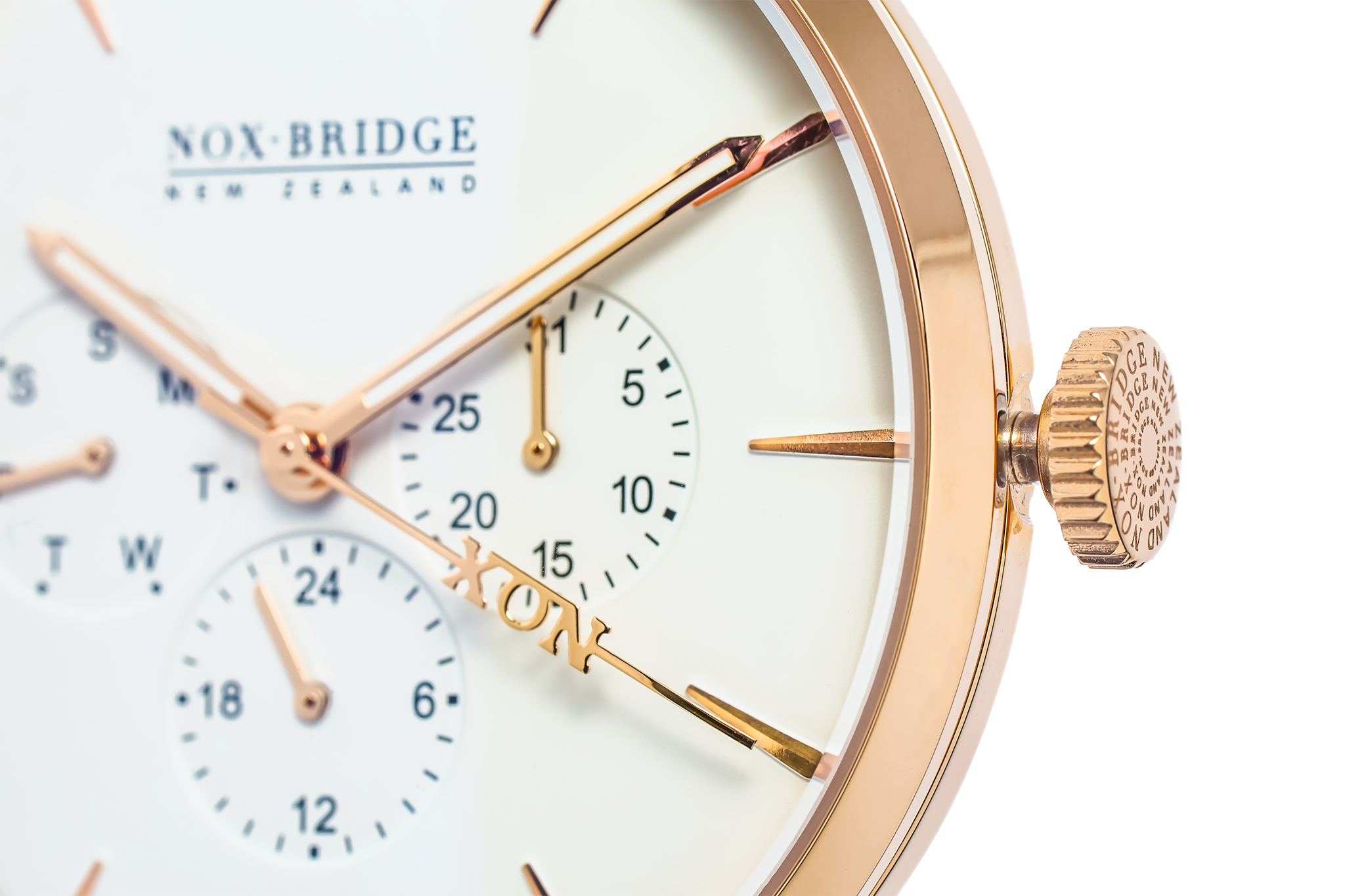 Noxbridge Classic Meissa rose gold watch side view showing rose gold case and chronograph crown