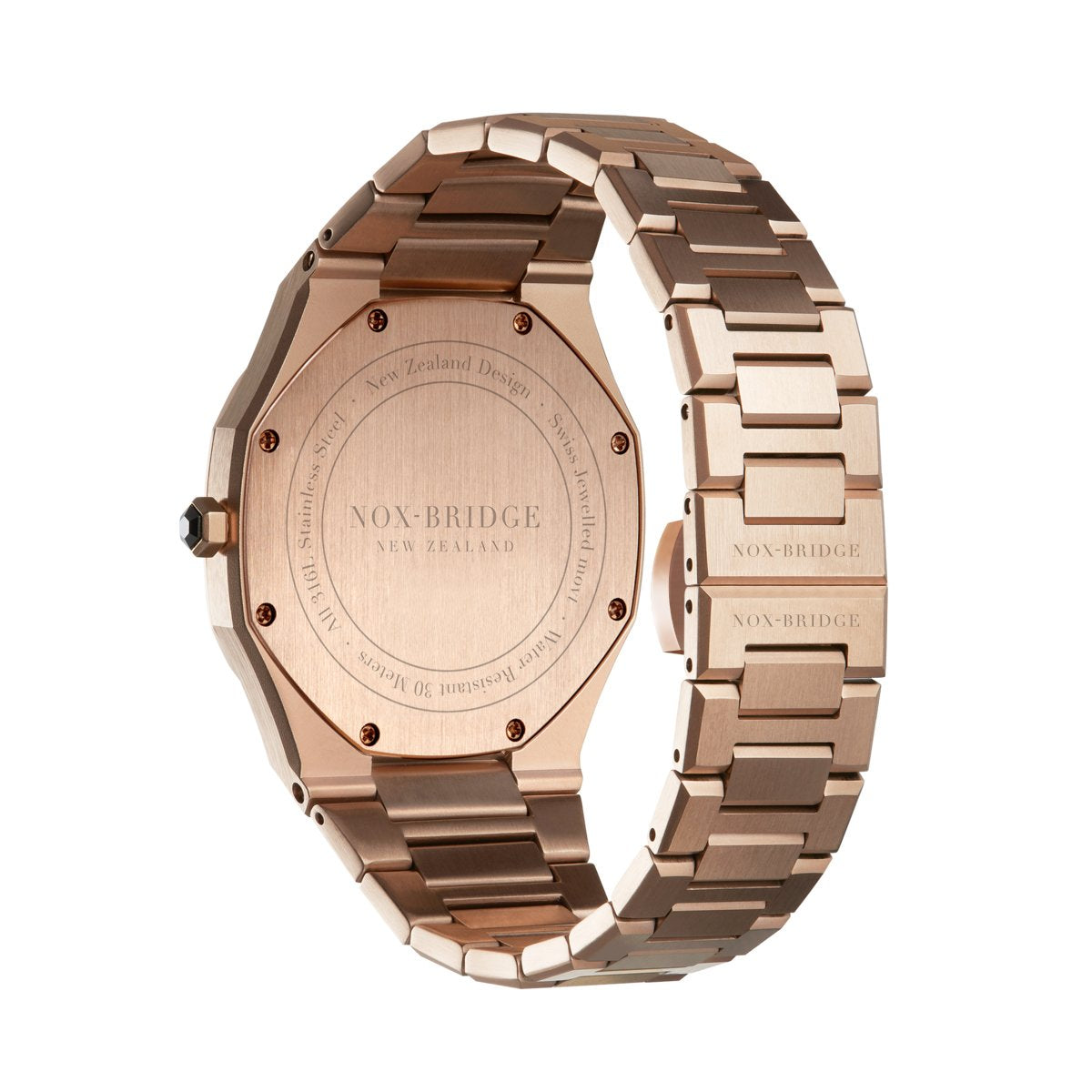 Noxbridge Revo rose gold watch caseback showing engraved text and rose gold bracelet